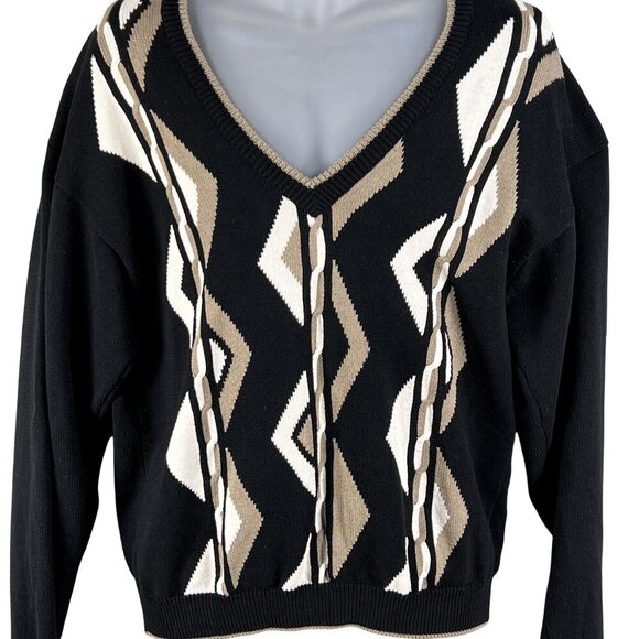 Sansabelt Sport Mens M  V-Neck Black Cotton Sweater Geometric Pattern Timeless - Picture 6 of 14